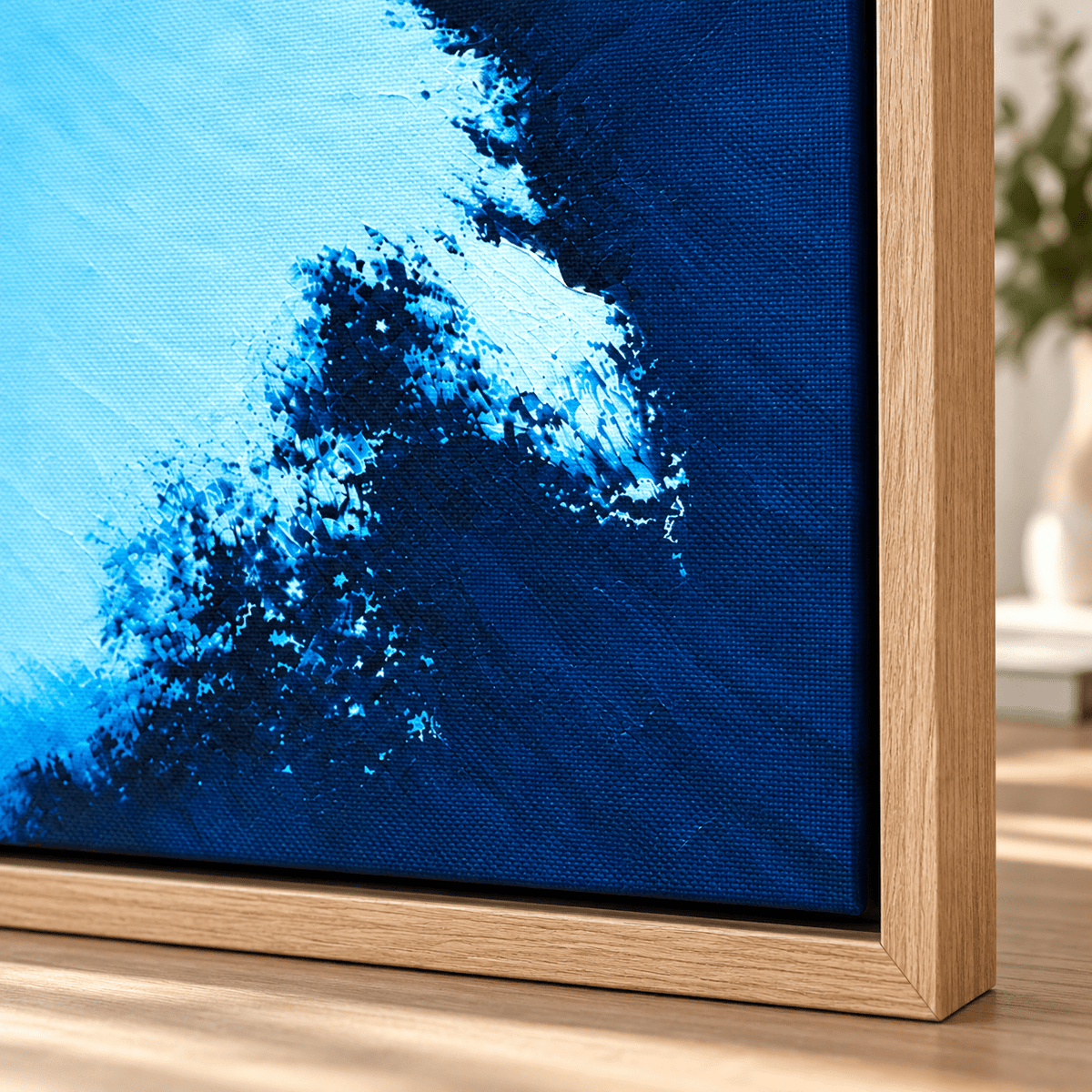 Blue Textured Wall Art – Arctic Azure canvas in a room corner by Rossetti Art