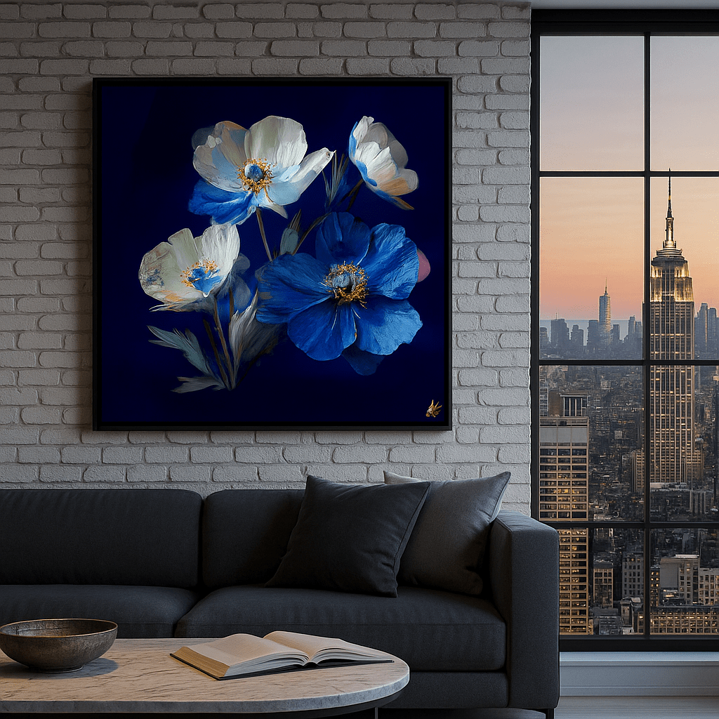 Canvas Print: Blue Whisper Blossoms – Elegant Floral Canvas Print Art by Chiara Rossetti | Luxury Wall Art for Modern Interiors modern abstract canvas wall art by Rossetti Art – luxury interior design artwork for living room, bedroom, office – abstract wall art canvas print art Chiara Rossetti