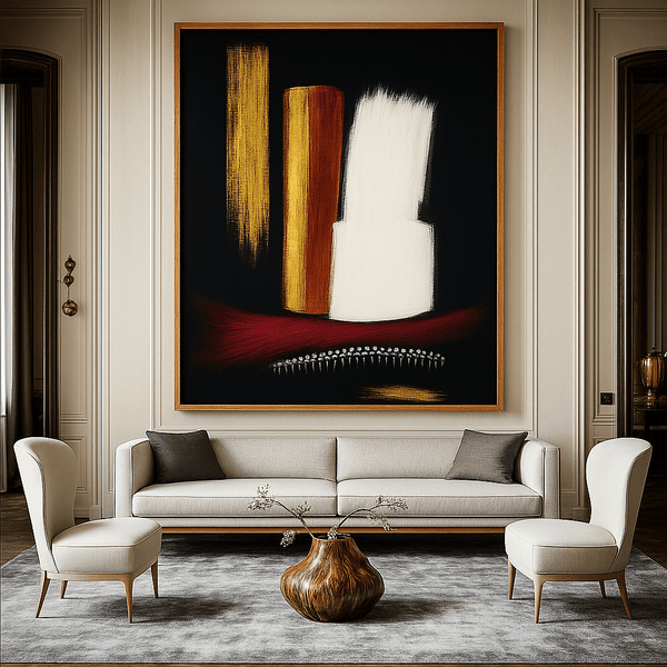 Canvas Print : Bold Abstract Canvas Art – Modern Minimalist Painting in Black, White, Gold & Burgundy