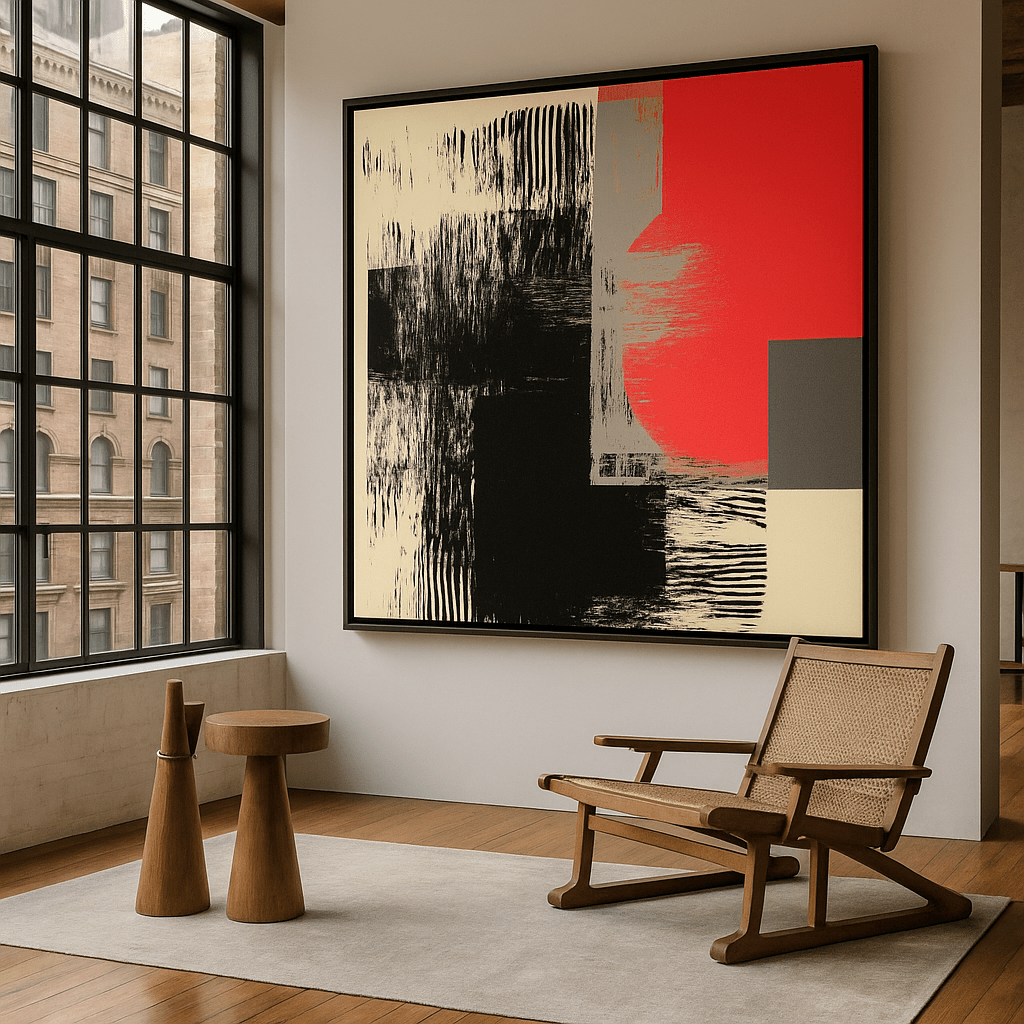 Canvas Print: Bold Contrast Harmony – Abstract Red & Black Canvas Print for Modern Interiors modern abstract canvas wall art by Rossetti Art – luxury interior design artwork for living room, bedroom, office – abstract wall art contemporary wall design extra large canvas wall art for living room