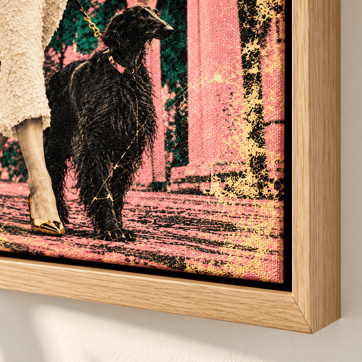 Borzoi Art – Borzoi Promenade by Rossetti Art, close-up of the black borzoi and floater frame corner