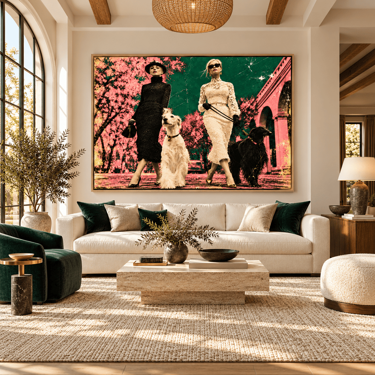 Borzoi Art – Borzoi Promenade by Rossetti Art above a cream sofa in a living room