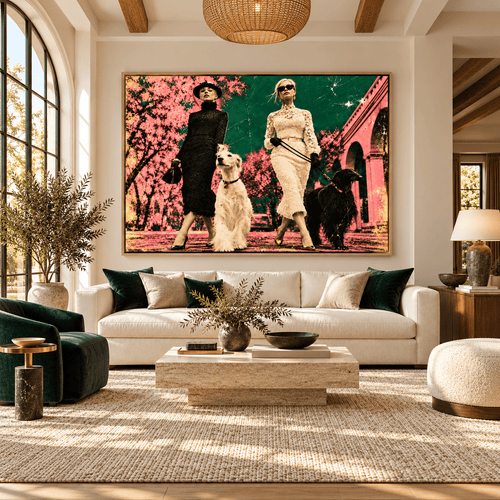 Borzoi Art – Borzoi Promenade by Rossetti Art above a cream sofa in a living room
