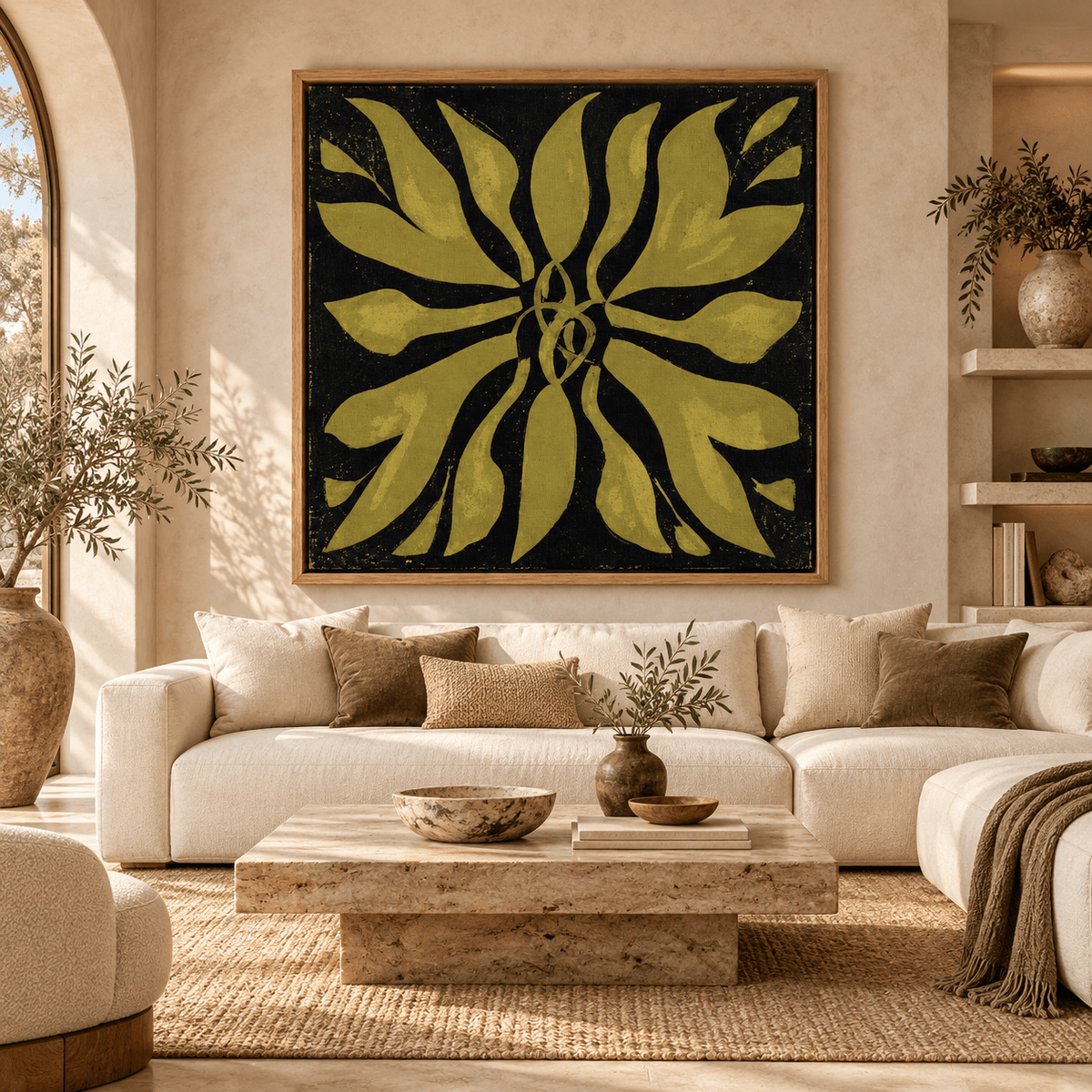 Oversized gold and black botanical fern canvas print in oak floating frame in a modern living room