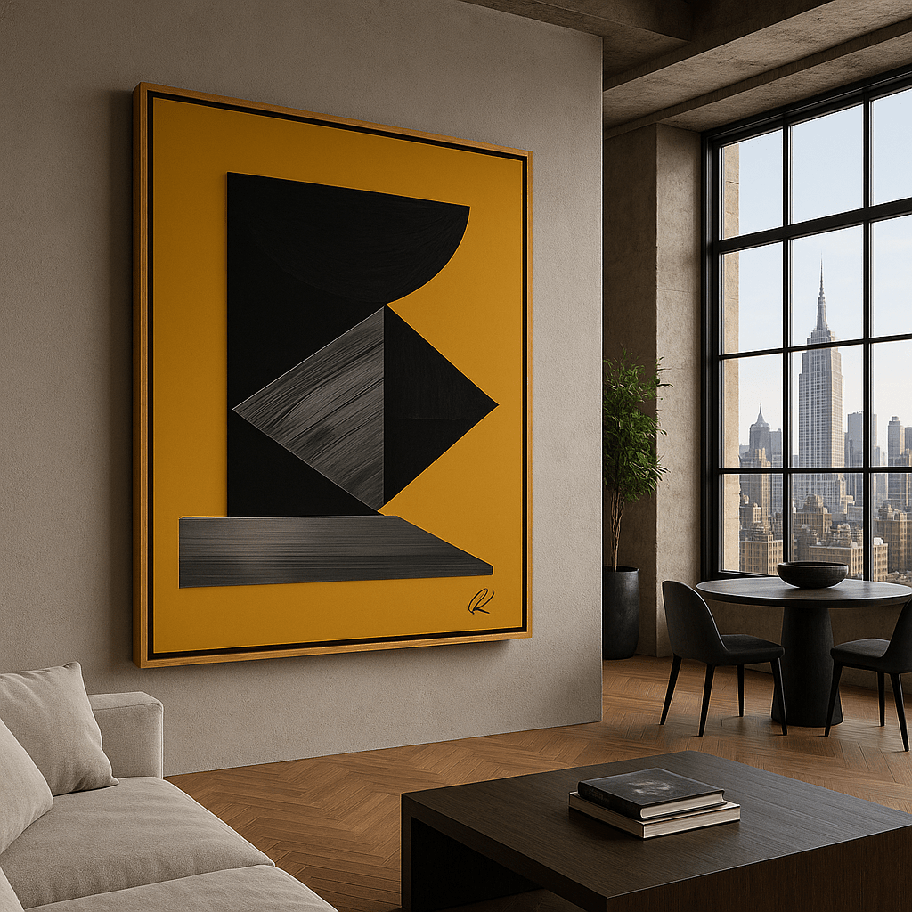 Canvas Print: Brass Geometry Construct – Abstract Modern Art Canvas modern abstract canvas wall art by Rossetti Art – luxury interior design artwork for living room, bedroom, office – Architectural Wall Piece Black and Silver Art Print Bold Geometric Design