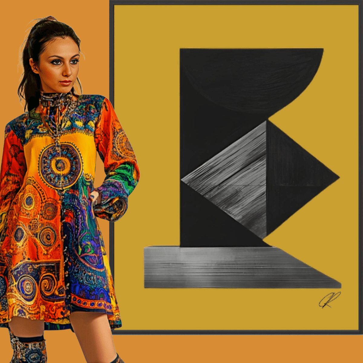 Canvas Print: Brass Geometry Construct – Abstract Modern Art Canvas modern abstract canvas wall art by Rossetti Art – luxury interior design artwork for living room, bedroom, office – Architectural Wall Piece Black and Silver Art Print Bold Geometric Design