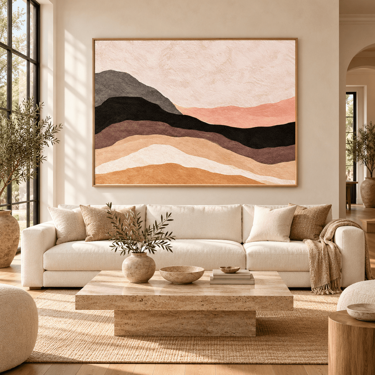 Brown and Black Wall Art – Clay Ridge by Rossetti Art above a cream sofa