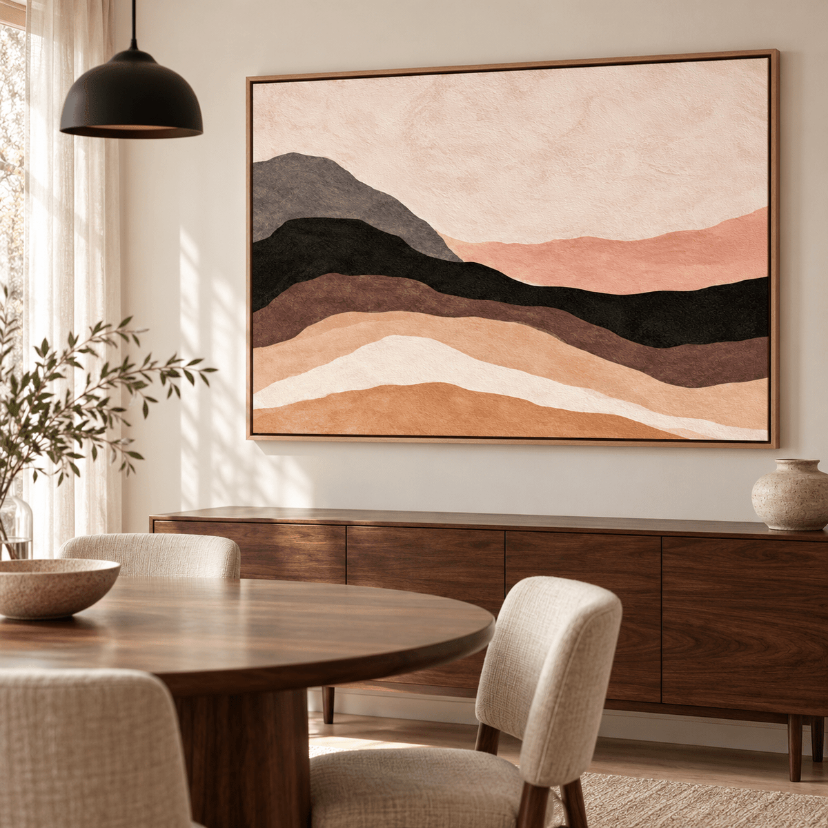Brown and Black Wall Art – Clay Ridge by Rossetti Art over a walnut sideboard