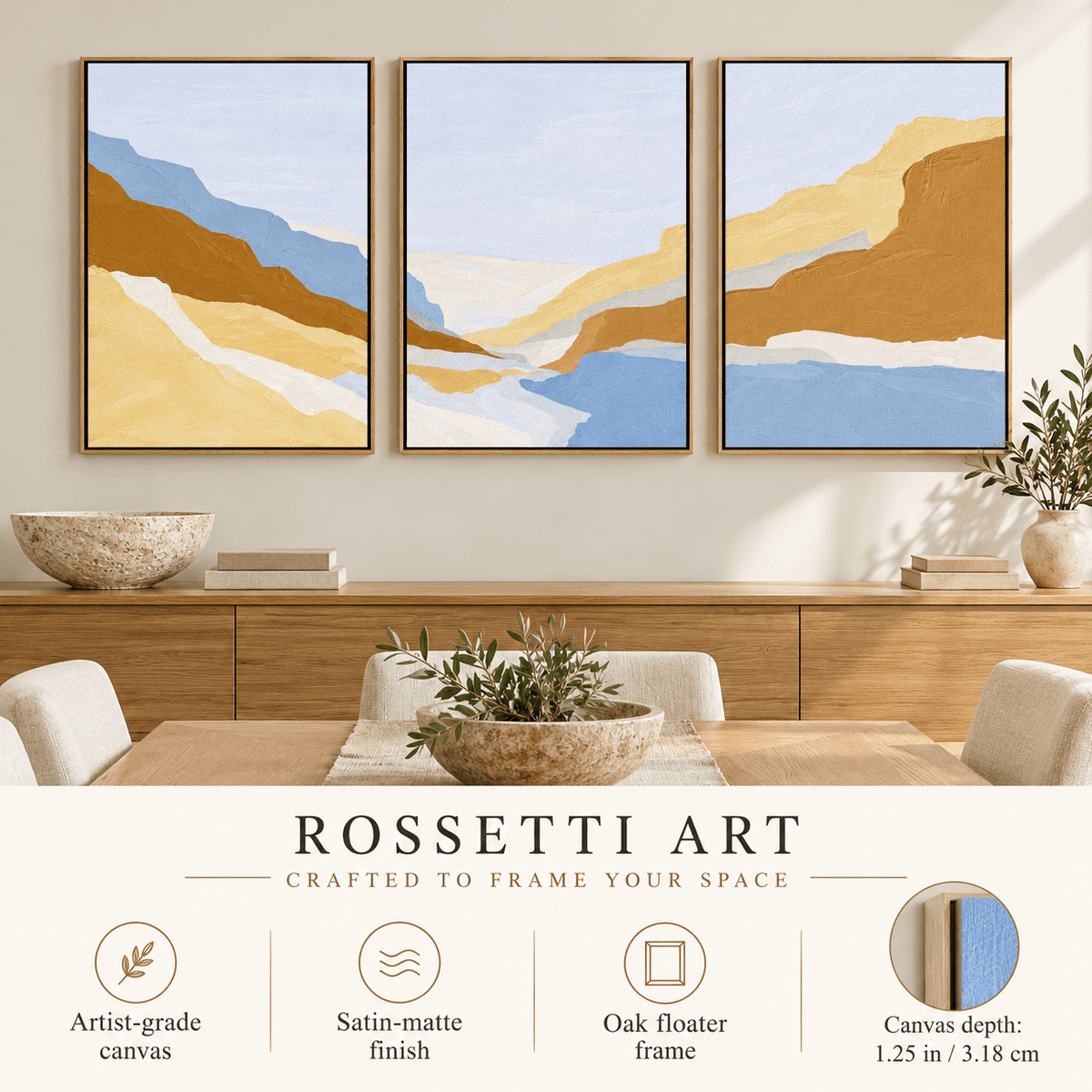 Canyon Wall Art – Canyon Light canvas print set of 3 by Rossetti Art, framed trio in an elegant dining room