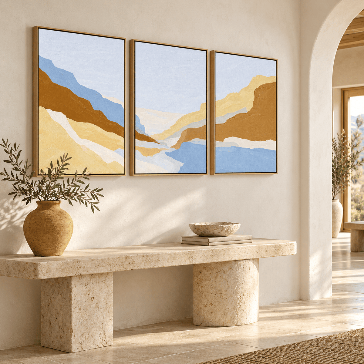 Canyon Wall Art – Canyon Light canvas print set of 3 by Rossetti Art, framed trio in a wabi-sabi entryway