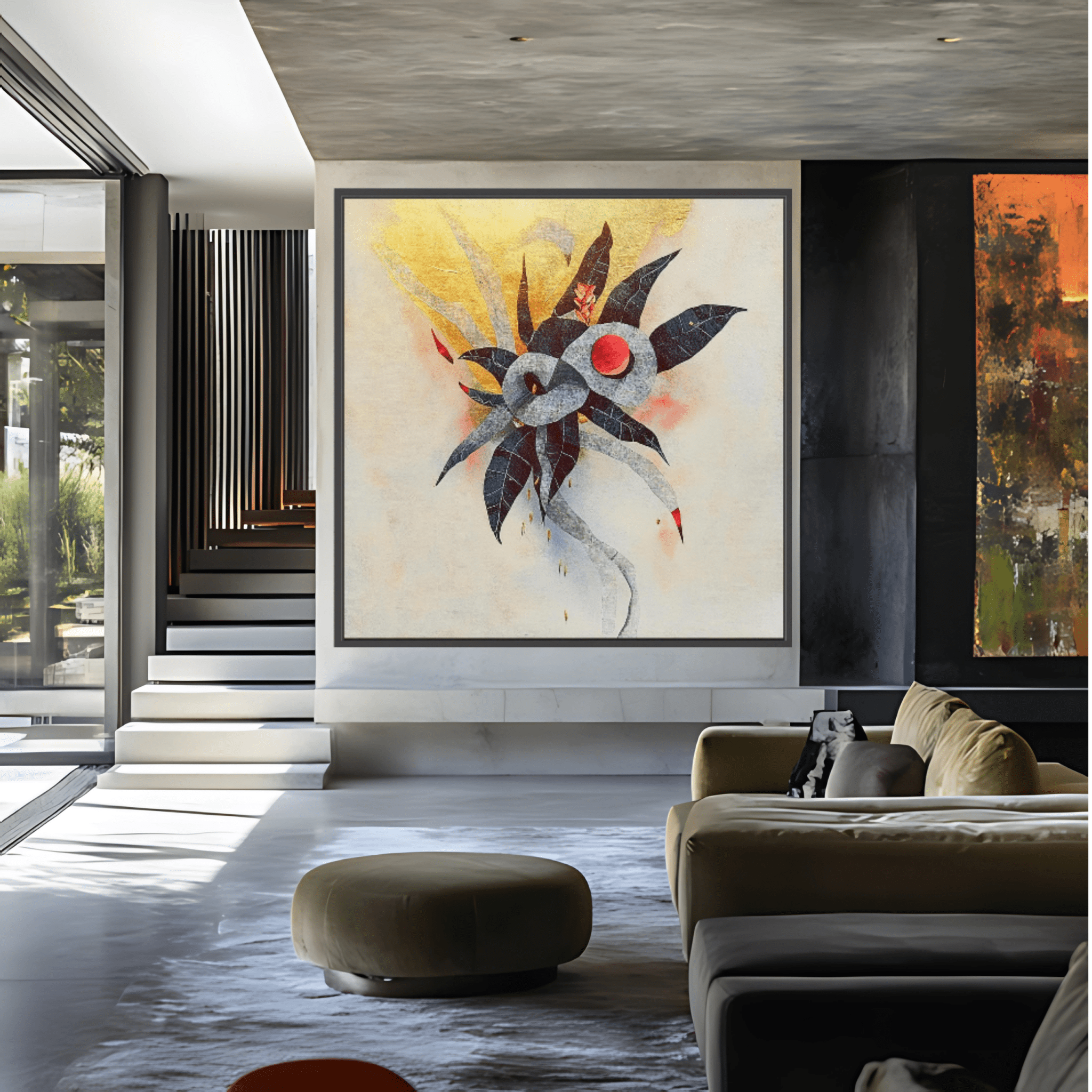 Canvas Print: Celestial Bloom - Abstract Botanical Wall Art modern abstract canvas wall art by Rossetti Art – luxury interior design artwork for living room, bedroom, office – abstract botanical wall art artistic nature print black and gold painting