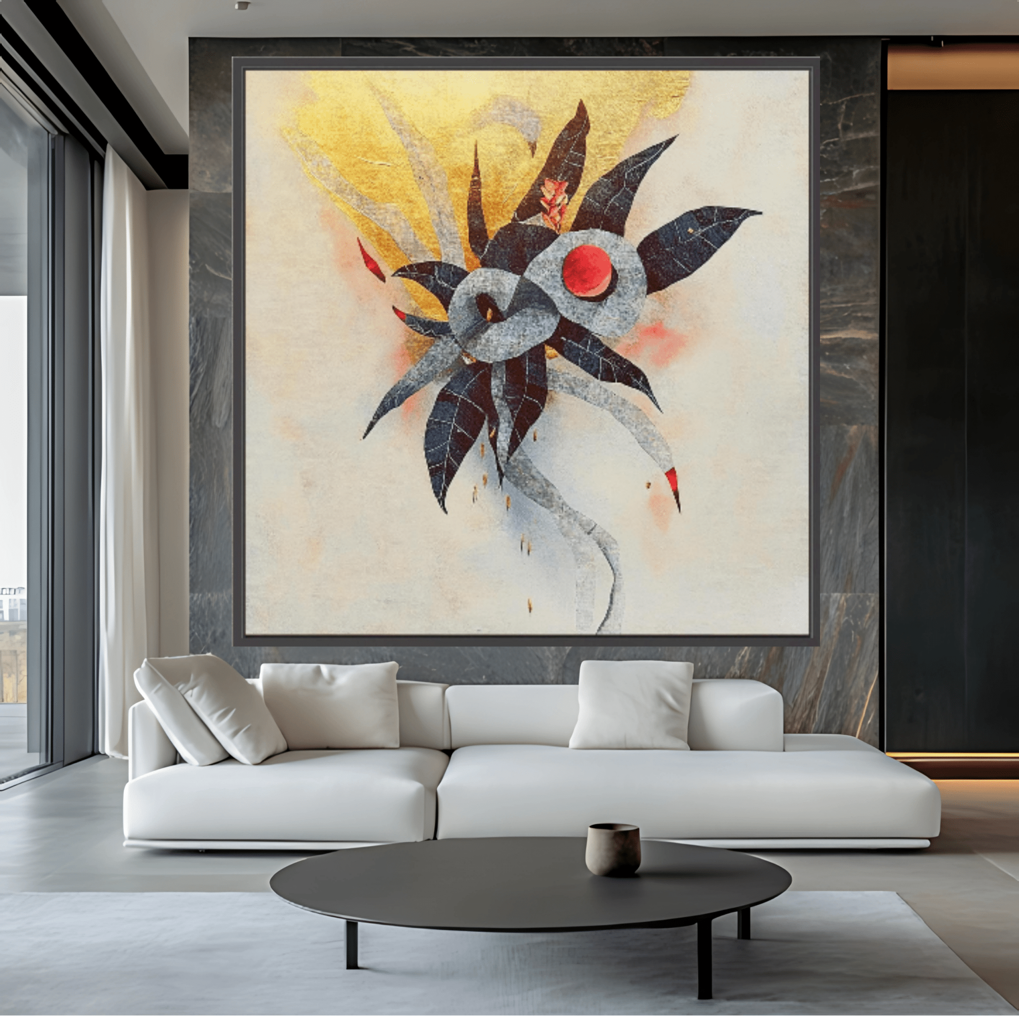 Canvas Print: Celestial Bloom - Abstract Botanical Wall Art modern abstract canvas wall art by Rossetti Art – luxury interior design artwork for living room, bedroom, office – abstract botanical wall art artistic nature print black and gold painting