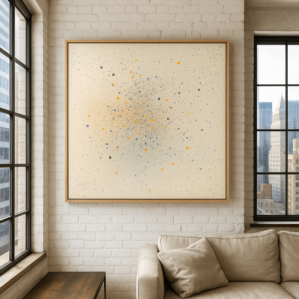 Canvas Print: Celestial Drift – Abstract Pointillist Canvas Print | Modern Minimalist Wall Art by Chiara Rossetti modern abstract canvas wall art by Rossetti Art – luxury interior design artwork for living room, bedroom, office – abstract wall art canvas print art Chiara Rossetti