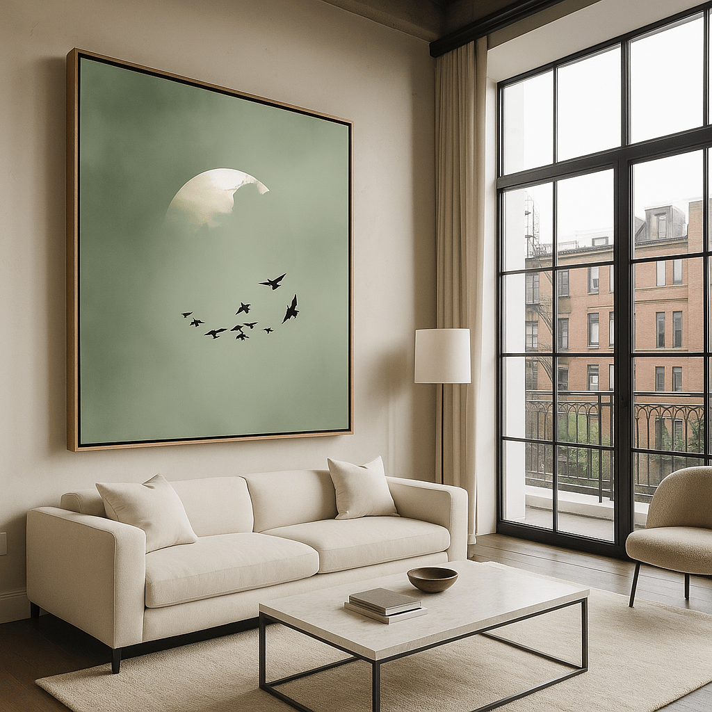 Canvas Print: Celestial Migration – Minimalist Bird Canvas Print for Modern Interiors modern abstract canvas wall art by Rossetti Art – luxury interior design artwork for living room, bedroom, office – abstract wall art canvas print art Chiara Rossetti