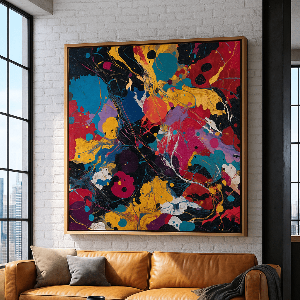 Canvas Print: Celestial Pulse – Abstract Expressionist Canvas Print in Red, Yellow & Blue | Luxury Modern Wall Art by Chiara Rossetti modern abstract canvas wall art by Rossetti Art – luxury interior design artwork for living room, bedroom, office – abstract wall art canvas print art Chiara Rossetti