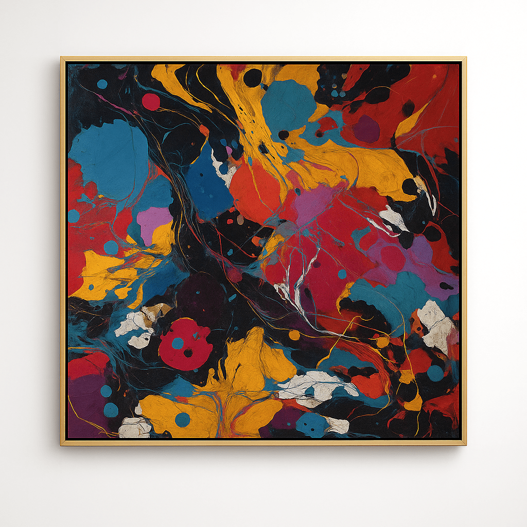 Canvas Print: Celestial Pulse – Abstract Expressionist Canvas Print in Red, Yellow & Blue | Luxury Modern Wall Art by Chiara Rossetti modern abstract canvas wall art by Rossetti Art – luxury interior design artwork for living room, bedroom, office – abstract wall art canvas print art Chiara Rossetti