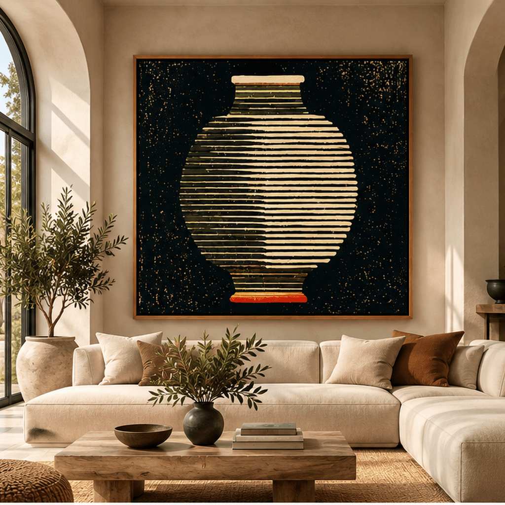 Oversized square round vase canvas print in oak floating frame in a modern living room