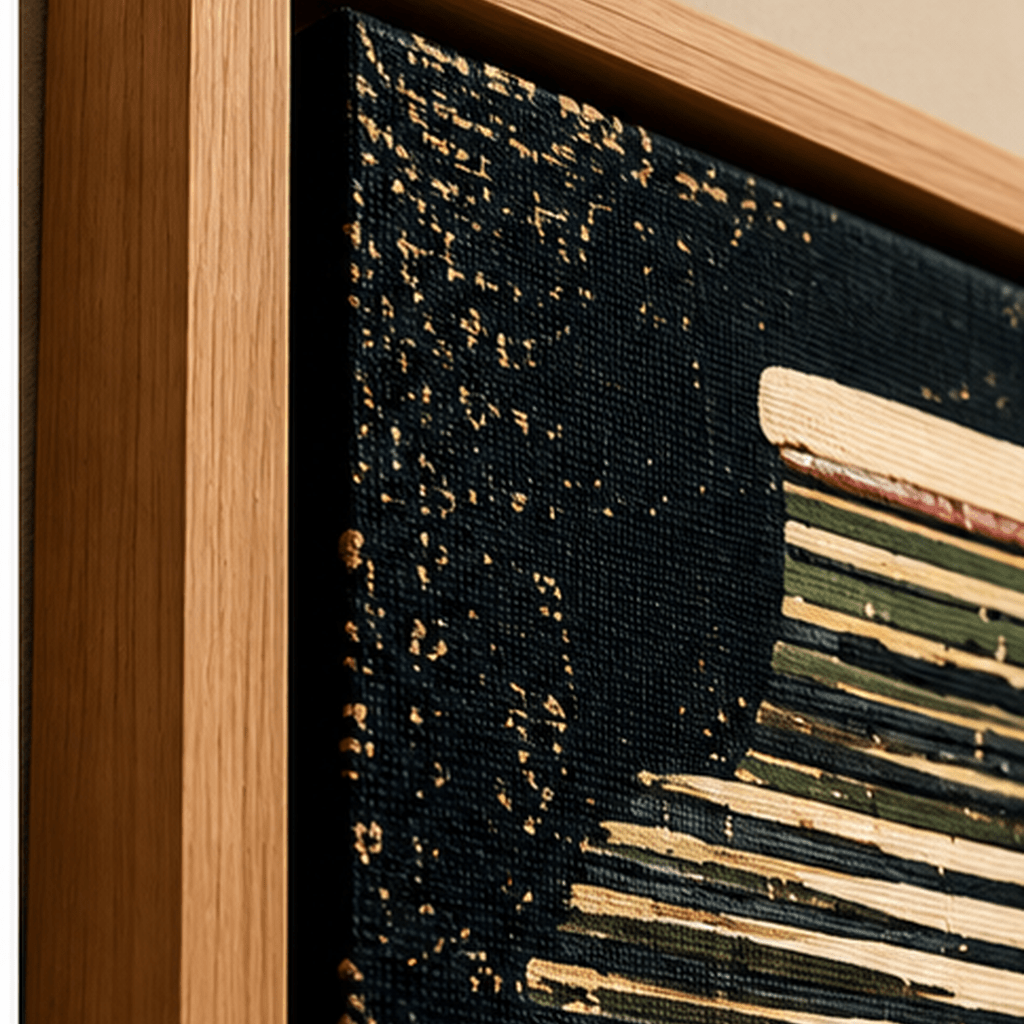 Close-up of square round vase canvas print texture and oak floating frame corner