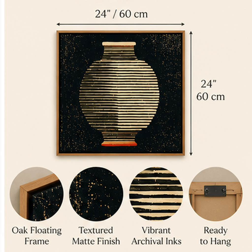 Product infographic for square round vase canvas print with oak floating frame