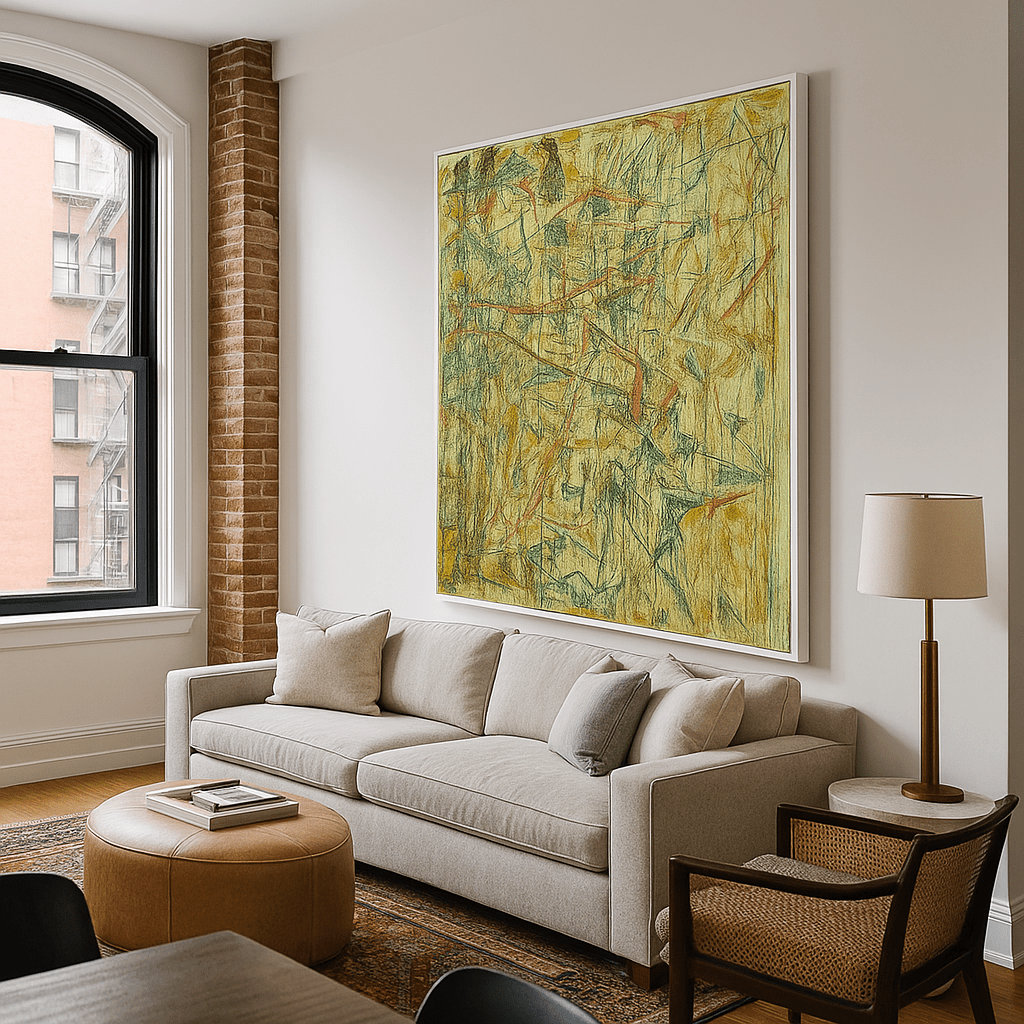 Canvas Print : "Chaos in Earth Color " – Abstract Canvas Wall Art | Beige, Blue, Red & Yellow Lines - Chiara Rossetti