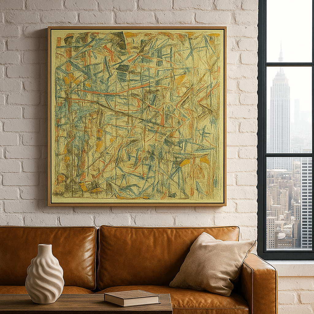 Canvas Print : "Chaos in Earth Color " – Abstract Canvas Wall Art | Beige, Blue, Red & Yellow Lines - Chiara Rossetti