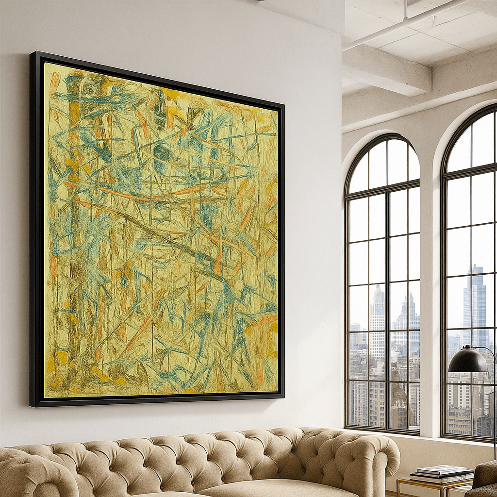 Canvas Print : "Chaos in Earth Color " – Abstract Canvas Wall Art | Beige, Blue, Red & Yellow Lines - Chiara Rossetti