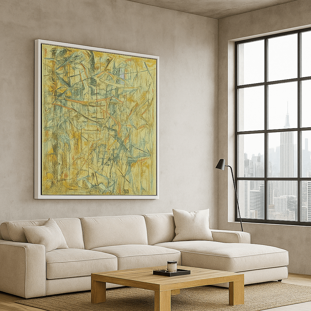 Canvas Print : "Chaos in Earth Color " – Abstract Canvas Wall Art | Beige, Blue, Red & Yellow Lines - Chiara Rossetti