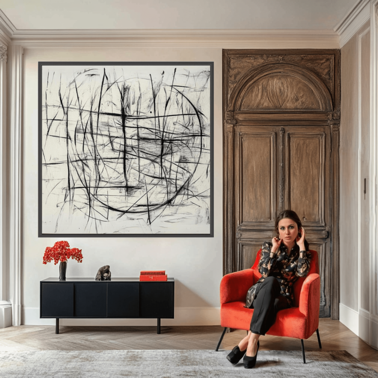 Canvas Print : Chaotic Balance - Abstract Black and White Line Art modern abstract canvas wall art by Rossetti Art – luxury interior design artwork for living room, bedroom, office – Abstract Line Art Black And White Art Black and white canvas Art for bedroom