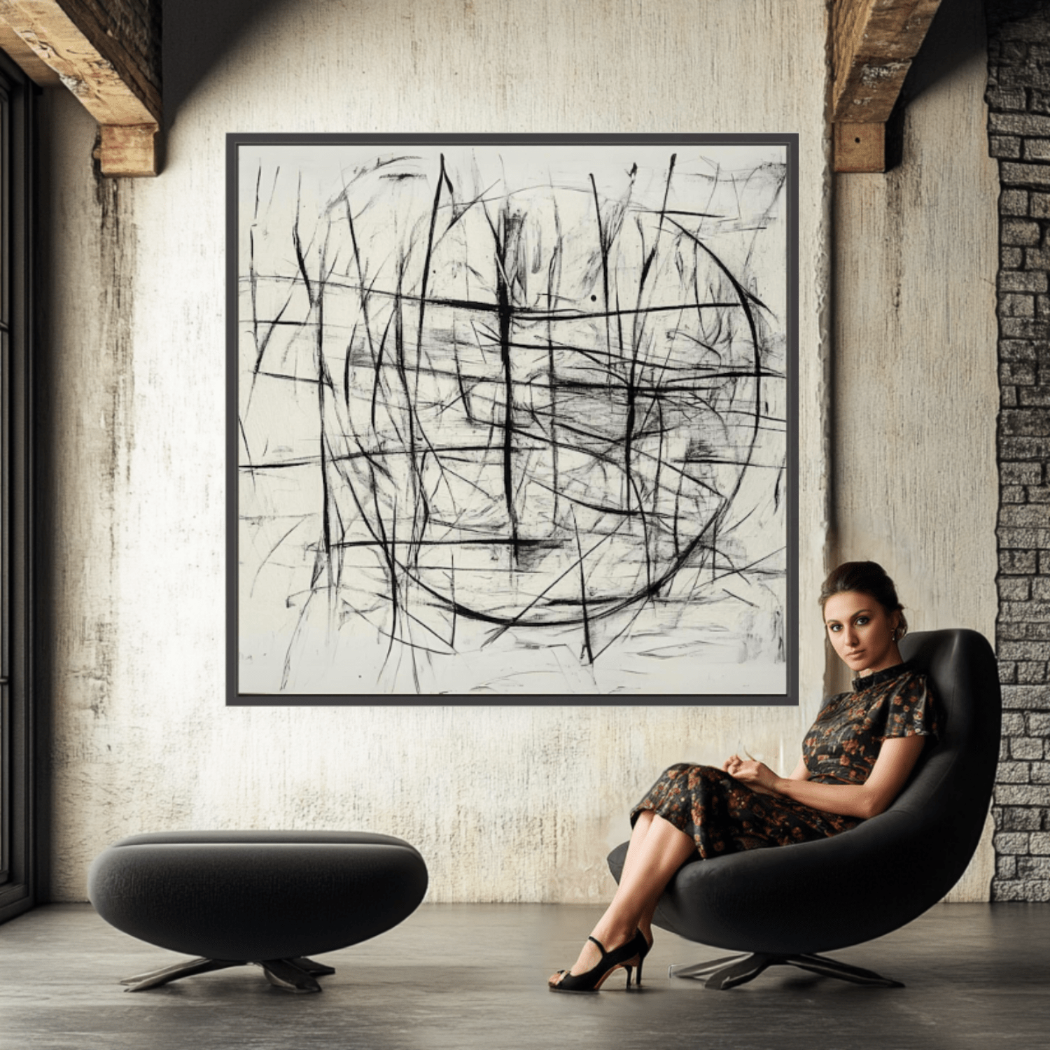 Canvas Print : Chaotic Balance - Abstract Black and White Line Art modern abstract canvas wall art by Rossetti Art – luxury interior design artwork for living room, bedroom, office – Abstract Line Art Black And White Art Black and white canvas Art for bedroom