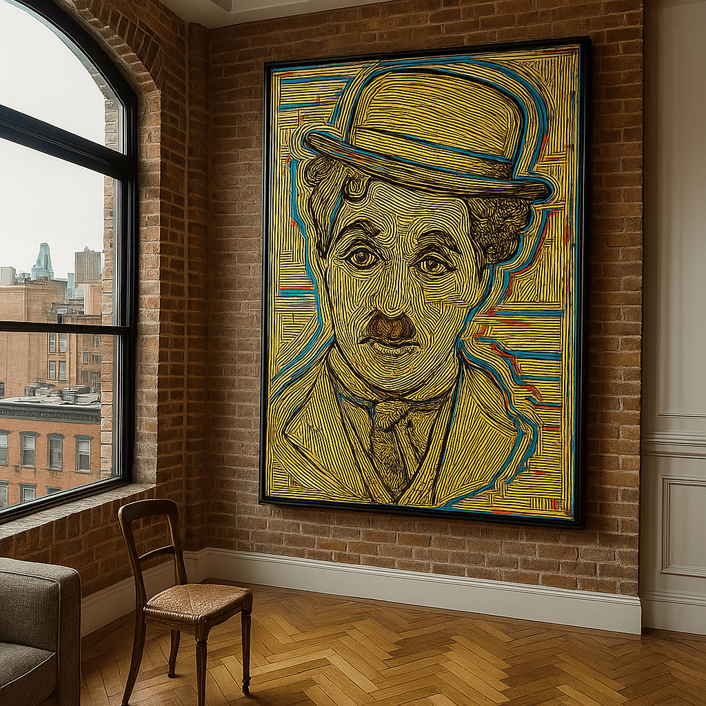 Canvas Print : Charlie Chaplin Inspired Pop Expressionist Canvas Print – Modern Cinematic Wall Art by Chiara Rossetti modern abstract canvas wall art by Rossetti Art – luxury interior design artwork for living room, bedroom, office – abstract bulldog wall print bulldog canvas art contemporary living room art