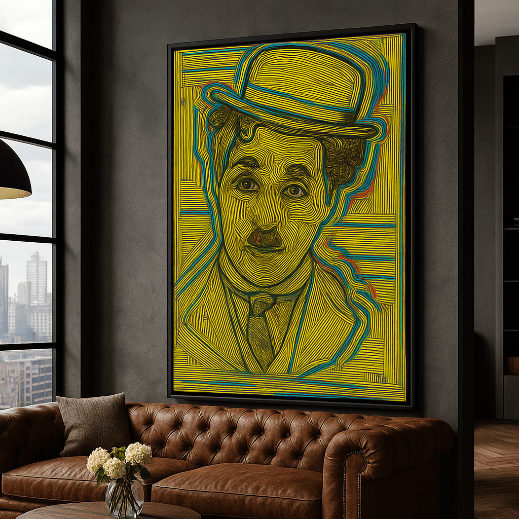 Canvas Print : Charlie Chaplin Inspired Pop Expressionist Canvas Print – Modern Cinematic Wall Art by Chiara Rossetti modern abstract canvas wall art by Rossetti Art – luxury interior design artwork for living room, bedroom, office – abstract bulldog wall print bulldog canvas art contemporary living room art