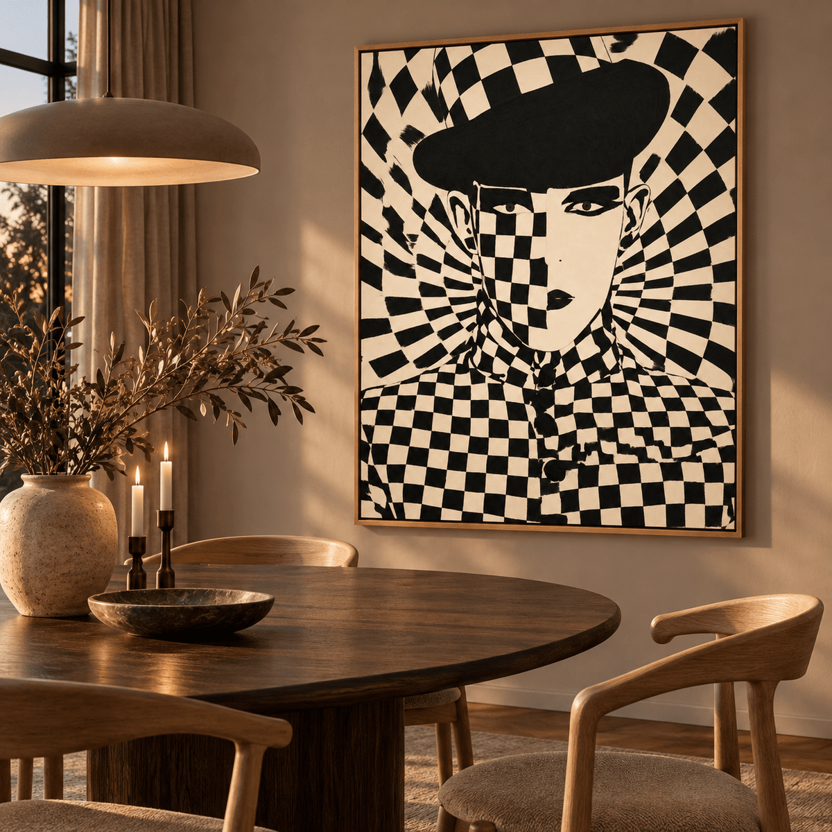 Checkered Wall Art – Checkmate Muse Canvas Print by Rossetti Art in a warm dining room