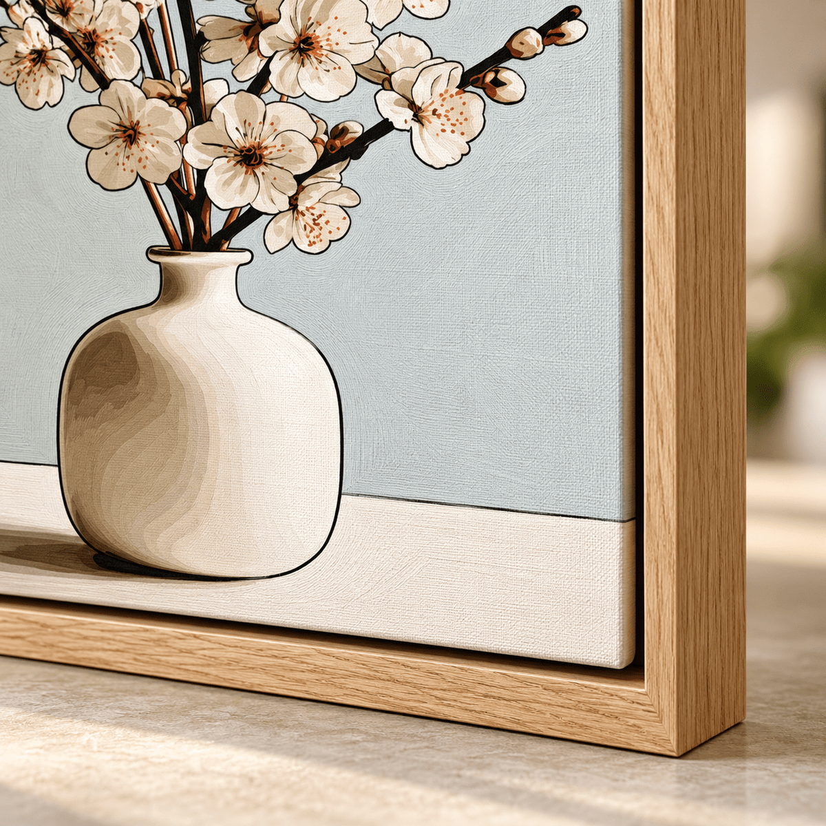 Cherry Blossom Wall Art – Porcelain Branch by Rossetti Art, close-up of the canvas texture and frame corner