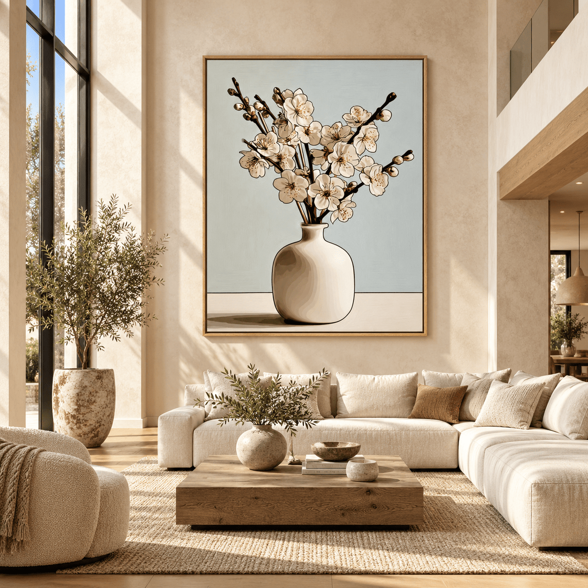 Cherry Blossom Wall Art – Porcelain Branch by Rossetti Art above a cream sofa in a living room