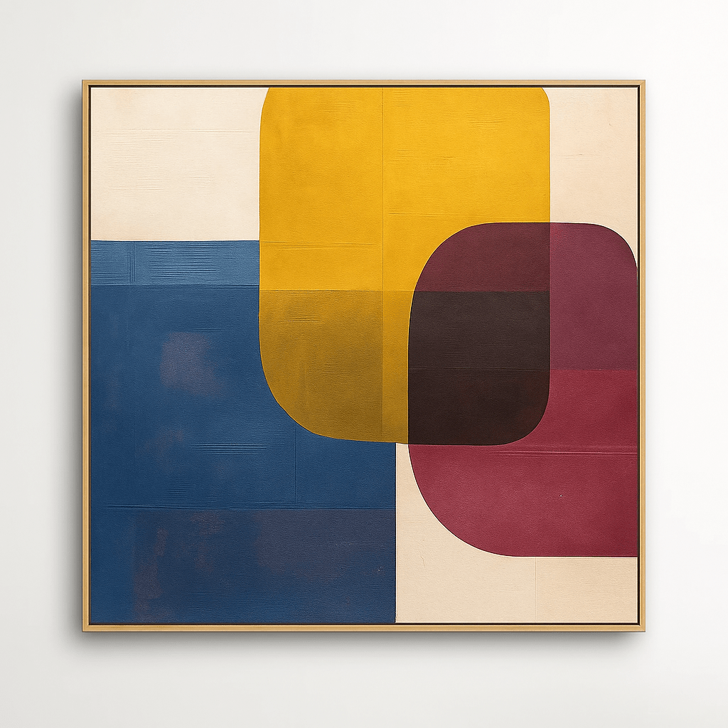 Canvas Print: Chromatic Balance - Modern Minimalist Wall Art in Blue, Yellow & Burgundy | Rossetti Art modern abstract canvas wall art by Rossetti Art – luxury interior design artwork for living room, bedroom, office – abstract wall art contemporary wall design extra large canvas wall art for living room