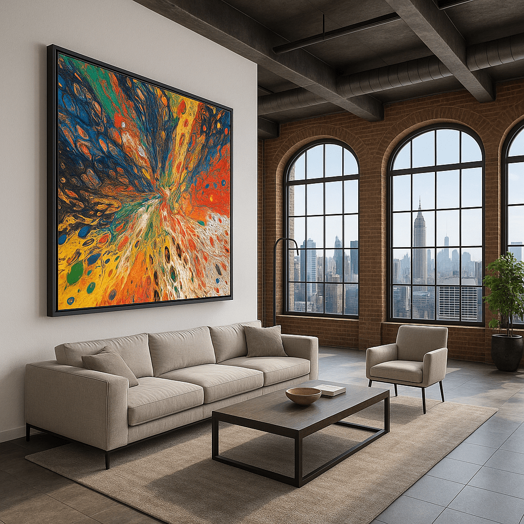 Canvas Print : "Chromatic Burst" - Explosive Rainbow Abstract Acrylic Pour Art Print - Chiara Rossetti