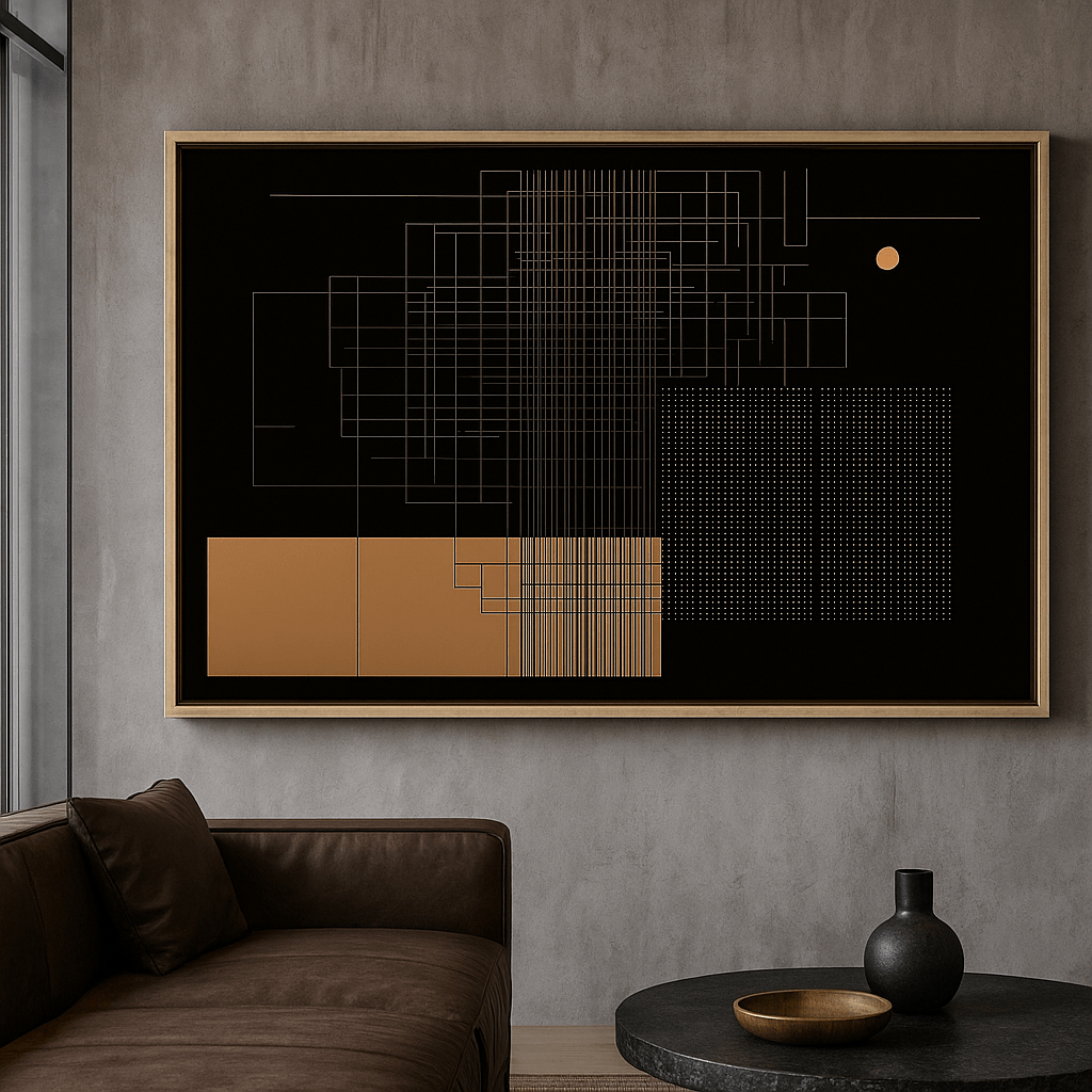 Canvas Print : Circuit of Stillness – Modern Abstract Geometric Wall Art modern abstract canvas wall art by Rossetti Art – luxury interior design artwork for living room, bedroom, office – abstract black and gold canvas japandi decor living room wall art