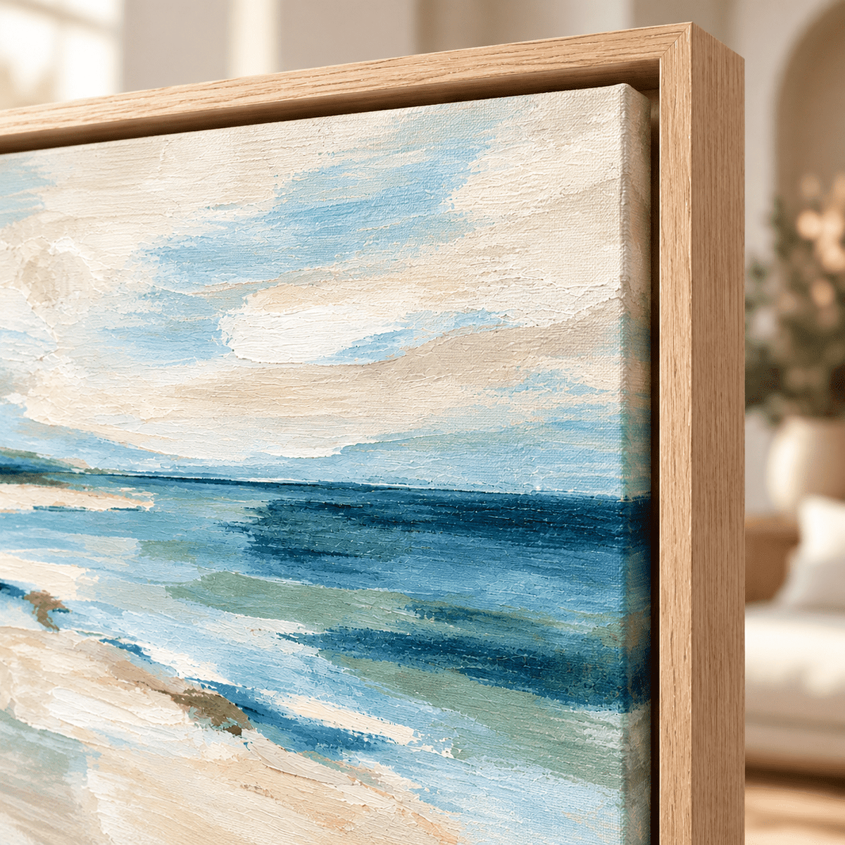 Coastal Canvas Wall Art – Quiet Shoreline close-up of the oak-tone floater frame corner, by Rossetti Art