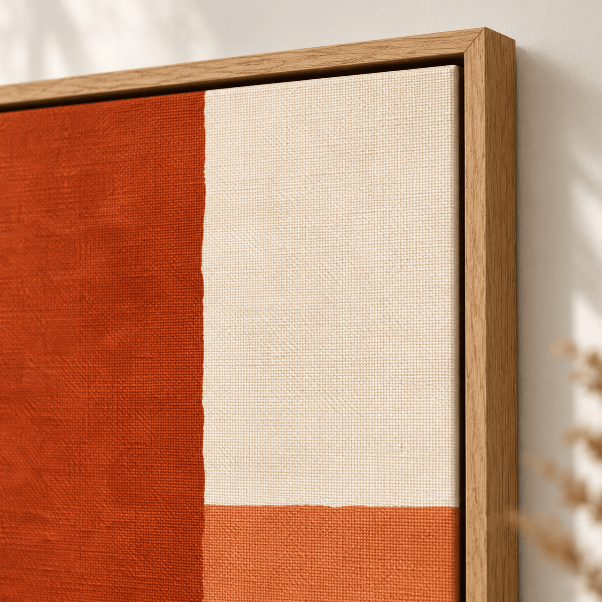 Color block art – close-up of the woven canvas texture and floater frame corner of Terra Divide by Rossetti Art