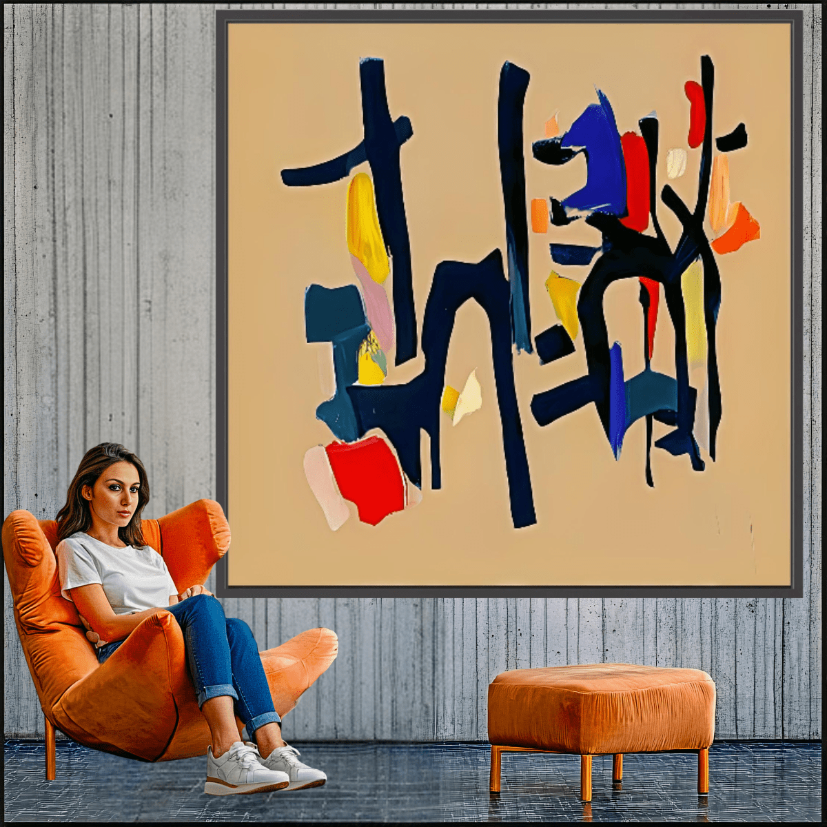 Canvas Print: Color Choreography – Abstract Expressionism Art modern abstract canvas wall art by Rossetti Art – luxury interior design artwork for living room, bedroom, office – Black and Beige Art blue and beige abstract painting Minimalist black and beige wall art