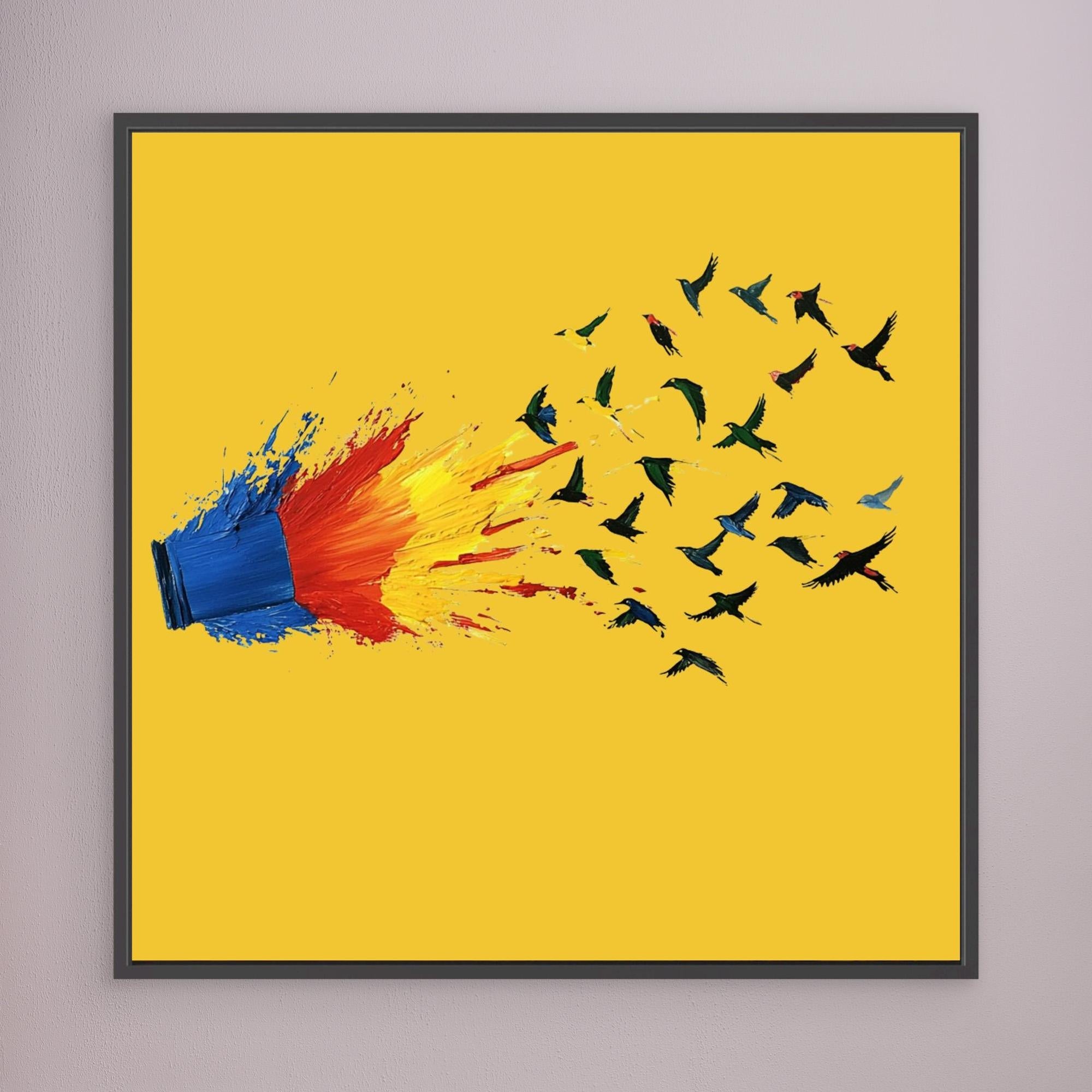 Canvas Print: Color Escape Flight - Abstract Bird Art modern abstract canvas wall art by Rossetti Art – luxury interior design artwork for living room, bedroom, office – Abstract Bird Art Bold Modern Decor Color Explosion Canvas