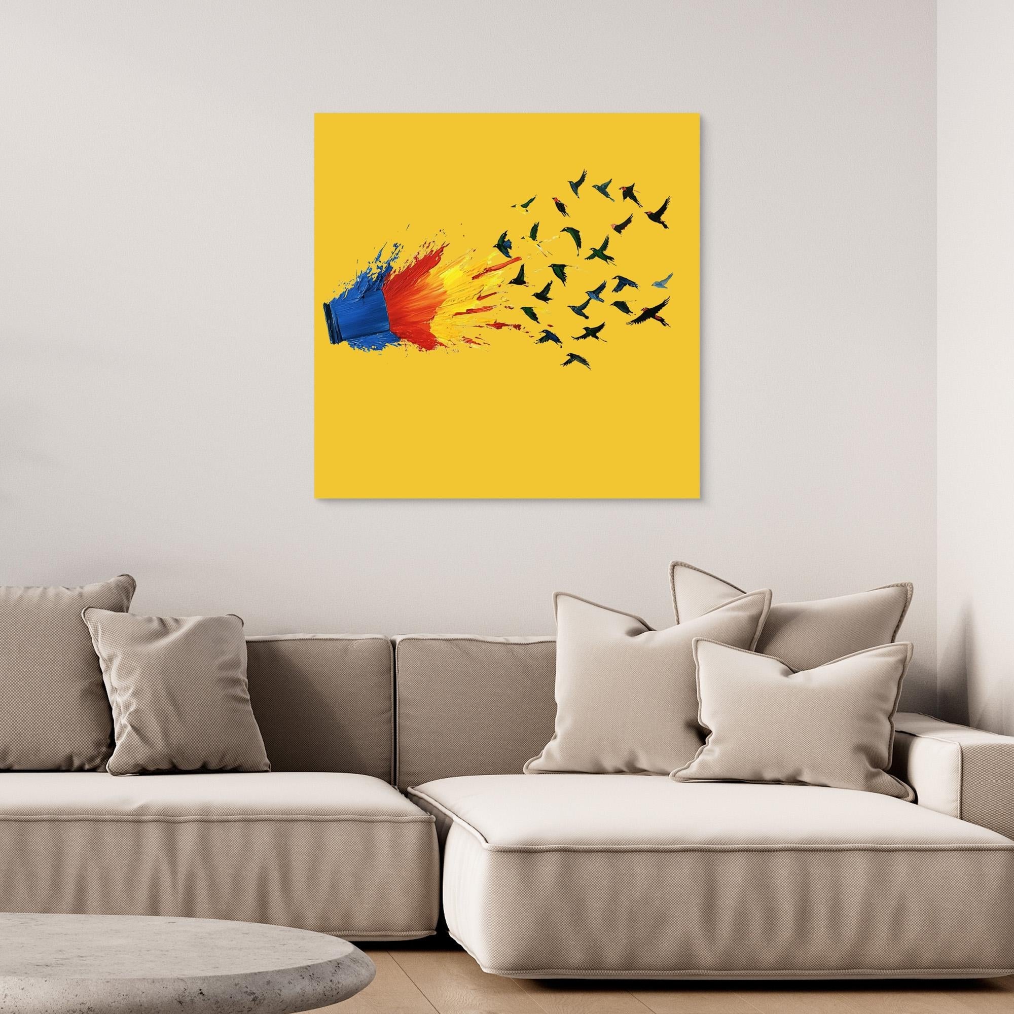 Canvas Print: Color Escape Flight - Abstract Bird Art modern abstract canvas wall art by Rossetti Art – luxury interior design artwork for living room, bedroom, office – Abstract Bird Art Bold Modern Decor Color Explosion Canvas