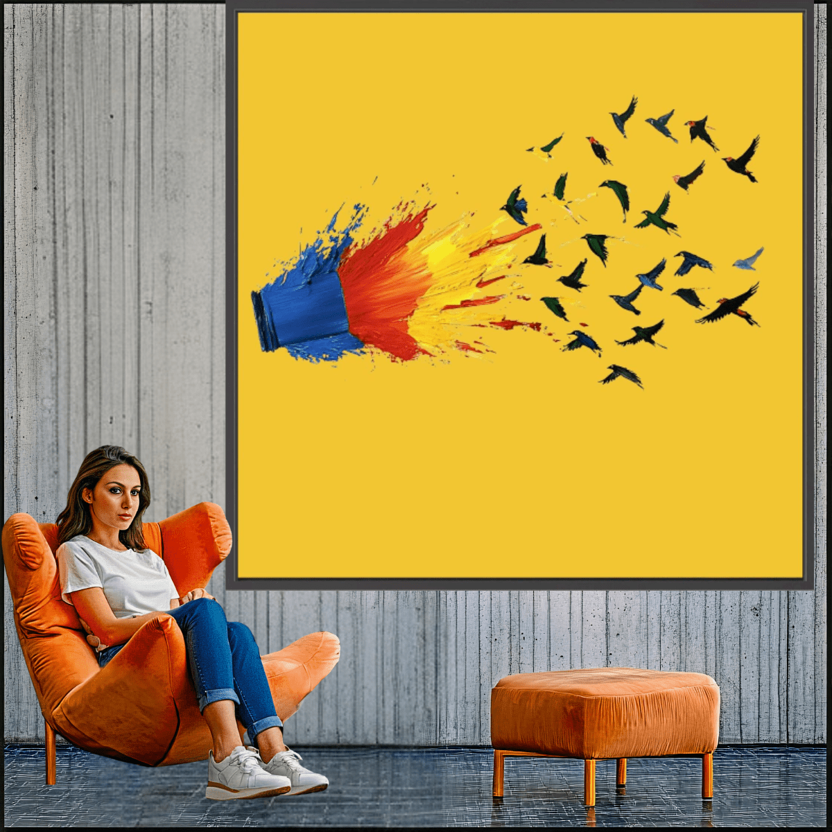 Canvas Print: Color Escape Flight - Abstract Bird Art modern abstract canvas wall art by Rossetti Art – luxury interior design artwork for living room, bedroom, office – Abstract Bird Art Bold Modern Decor Color Explosion Canvas
