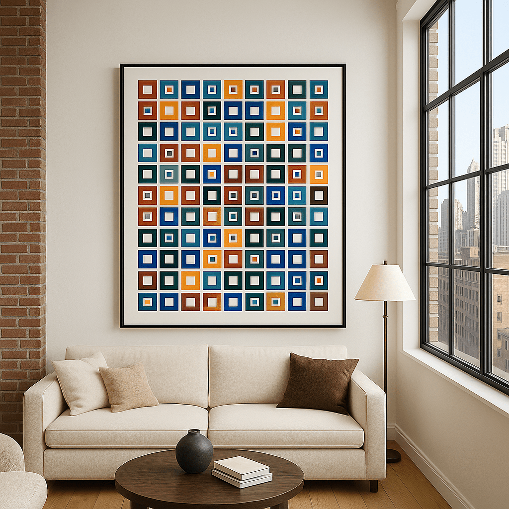 Canvas Print: “Color Grid Symphony” – Modern Colorful Square Pattern Art modern abstract canvas wall art by Rossetti Art – luxury interior design artwork for living room, bedroom, office – abstract geometric wall art Bauhaus Inspired Geometric Wall Art