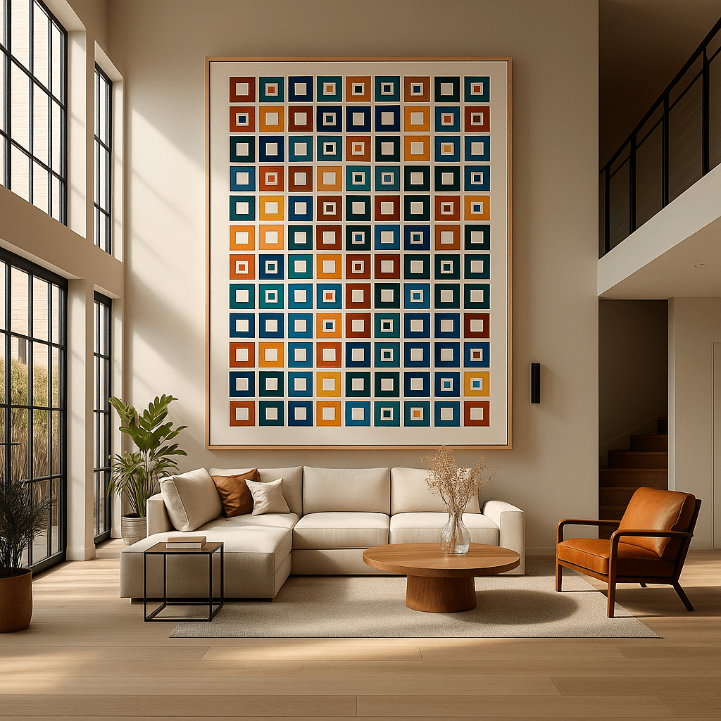 Canvas Print: “Color Grid Symphony” – Modern Colorful Square Pattern Art modern abstract canvas wall art by Rossetti Art – luxury interior design artwork for living room, bedroom, office – abstract geometric wall art Bauhaus Inspired Geometric Wall Art