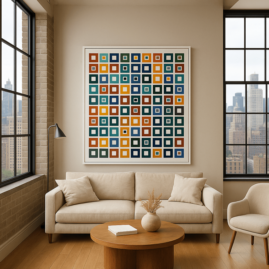 Canvas Print: “Color Grid Symphony” – Modern Colorful Square Pattern Art modern abstract canvas wall art by Rossetti Art – luxury interior design artwork for living room, bedroom, office – abstract geometric wall art Bauhaus Inspired Geometric Wall Art