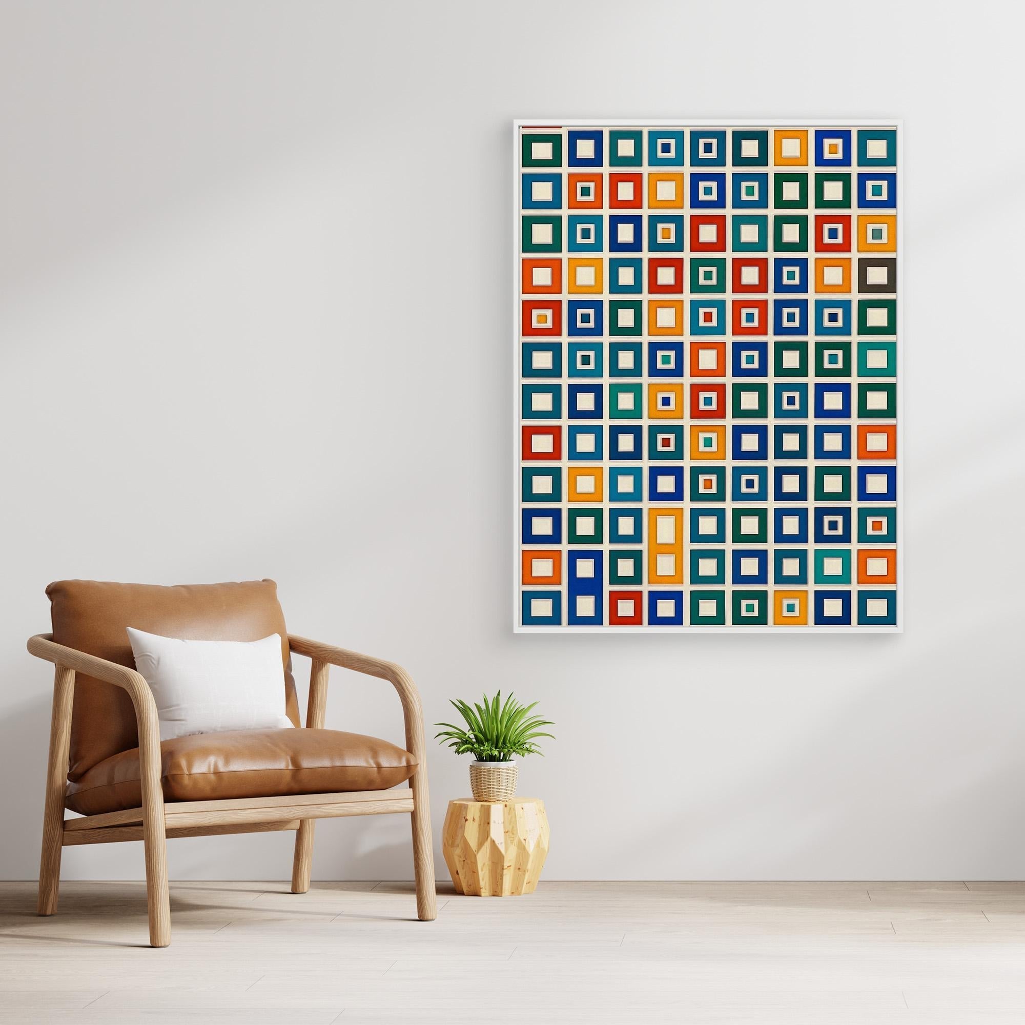Canvas Print: “Color Grid Symphony” – Modern Colorful Square Pattern Art modern abstract canvas wall art by Rossetti Art – luxury interior design artwork for living room, bedroom, office – abstract geometric wall art Bauhaus Inspired Geometric Wall Art