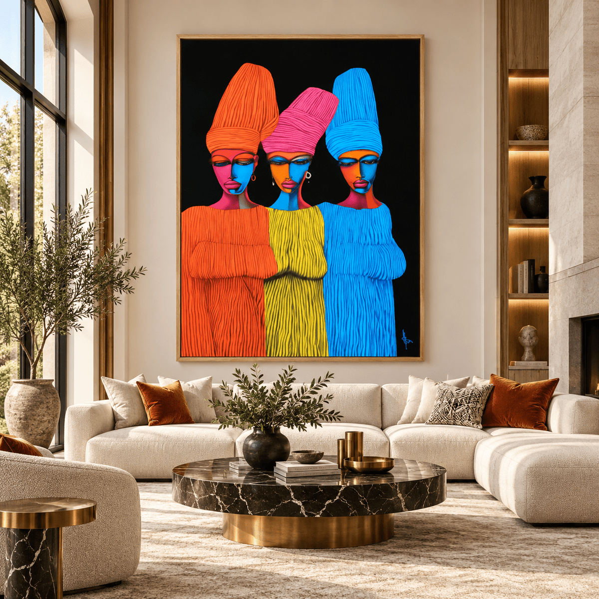 Colorful African art canvas print with hardwood floater frame in a modern living room – Radiant Trio by Rossetti Art