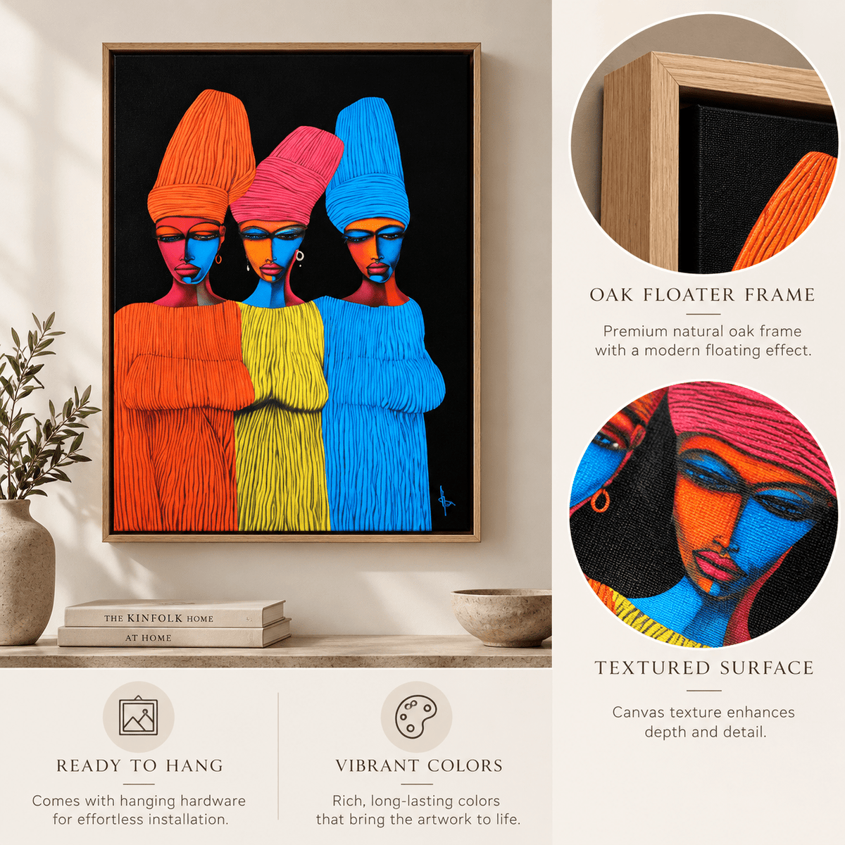 Colorful African art canvas print detail showing textured impasto brushwork – Radiant Trio by Rossetti Art