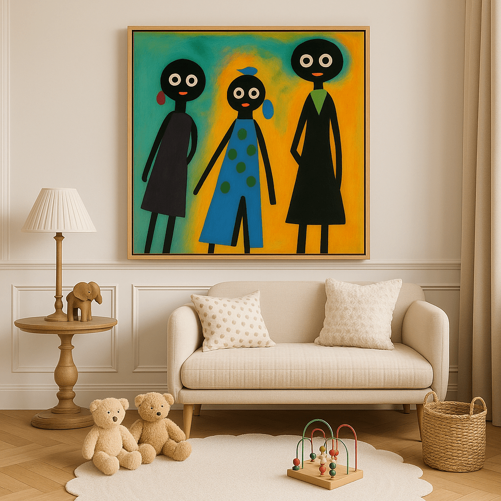 Canvas Print: Colorful Companions – Abstract Stick Figure Wall Art modern abstract canvas wall art by Rossetti Art – luxury interior design artwork for living room, bedroom, office – Contemporary Art for Sale contemporary art piece Contemporary art print